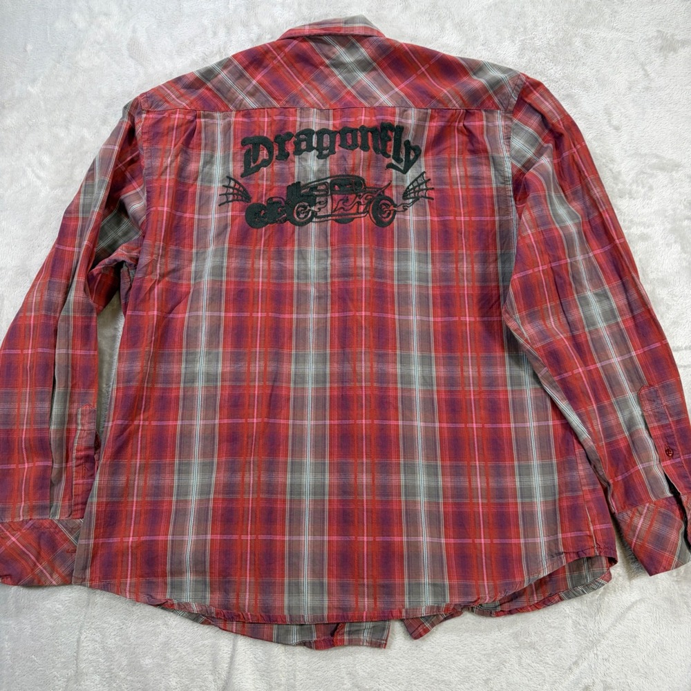 Dragonfly Edward Dada Mens XXL Red Plaid Hot Rod Embroidered Button Shirt - Picture 6 of 7